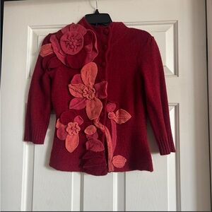 Anthropologie Red Floral Appliqué Button-Front Cardigan